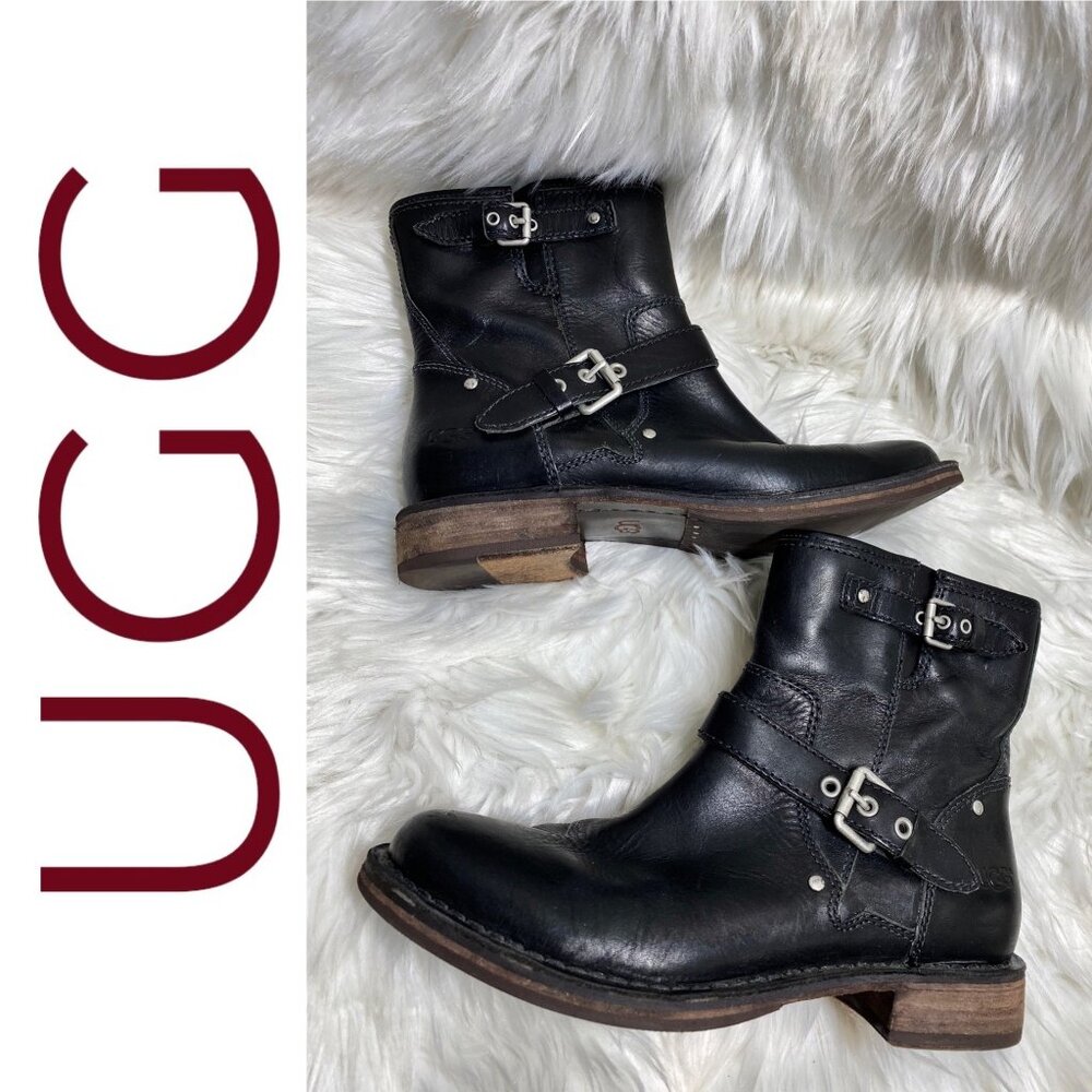 NWOB UGG FABRIZIA MOTO ANKLE BOOTS BLACK LEATHER BUCKLES, WOMEN’S 7‎